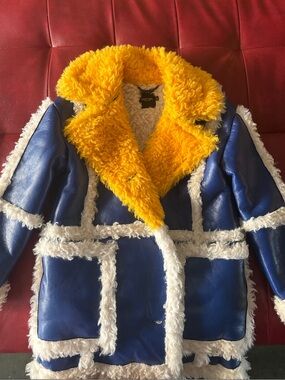 Nasty Gal Blue Jacket with Yellow & White Faux Fur Trim